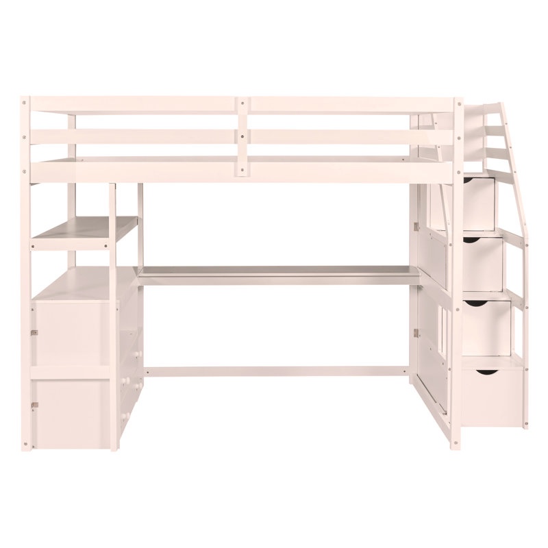 full size loft bed with desk and shelves, two built-in drawers, storage staircase