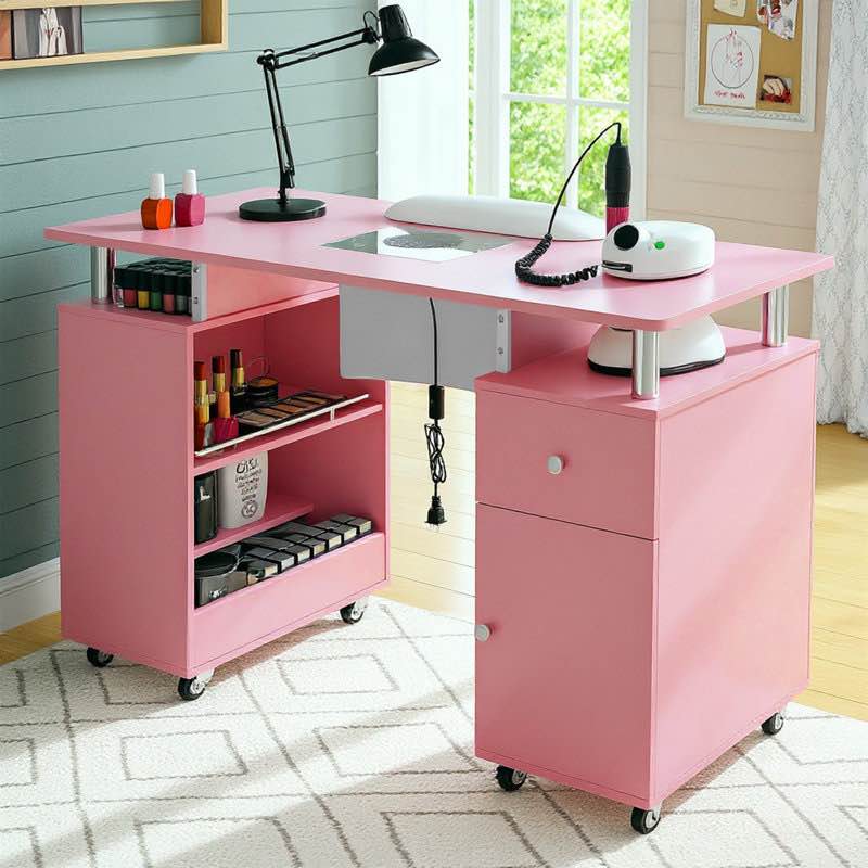 Kylan Professional Nail Desk with Dust Collector, Wirst Cushion and Multi-Storage, for Salon and Home Use
