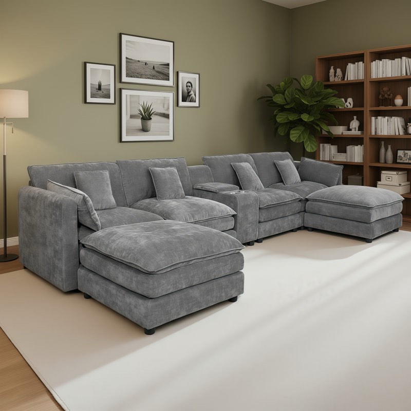 Gray Modern Chenille U-shaped 6-seat Cloud Sofa, Featuring A Fluffy And Comfortable Modular Design. Equipped With A Removable Ottoman, Storage Box And Cup Holders, Itâ€™s Suitable For Living Rooms.