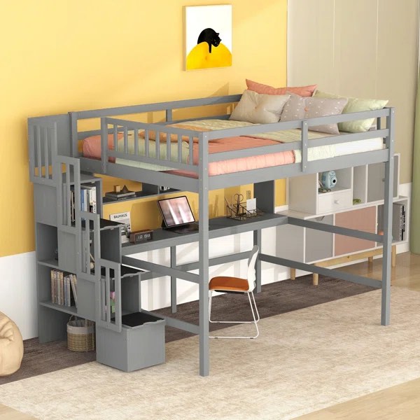 Full Size Bed with Desk, Staircase with Storage
