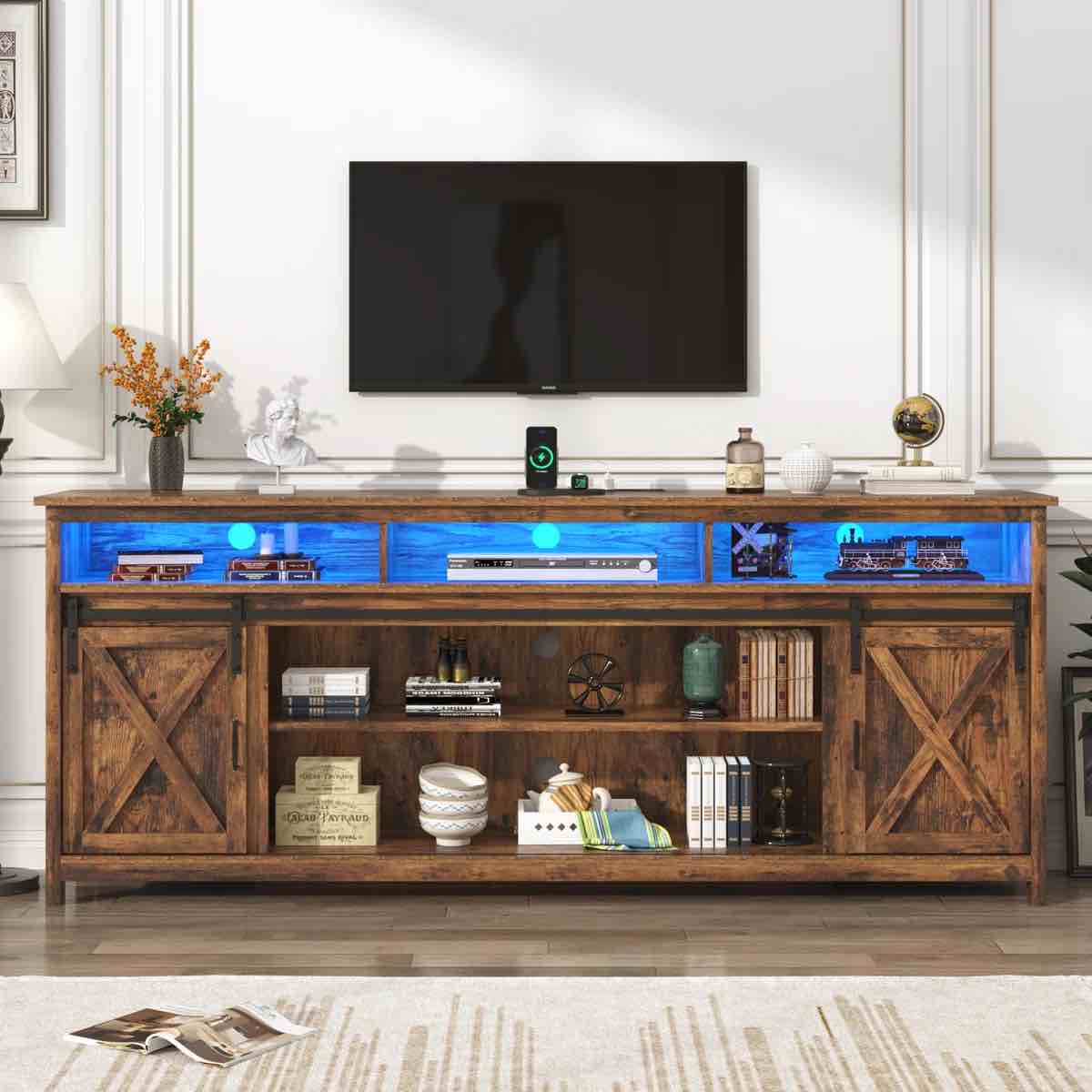 Wooden Farmhouse Entertainment Center For 80/85 Inch Tv,Double Layer Storage Farmhouse Tv Stand,Double-Row Sockets With Wood Sliding Barn Door Tv Stand