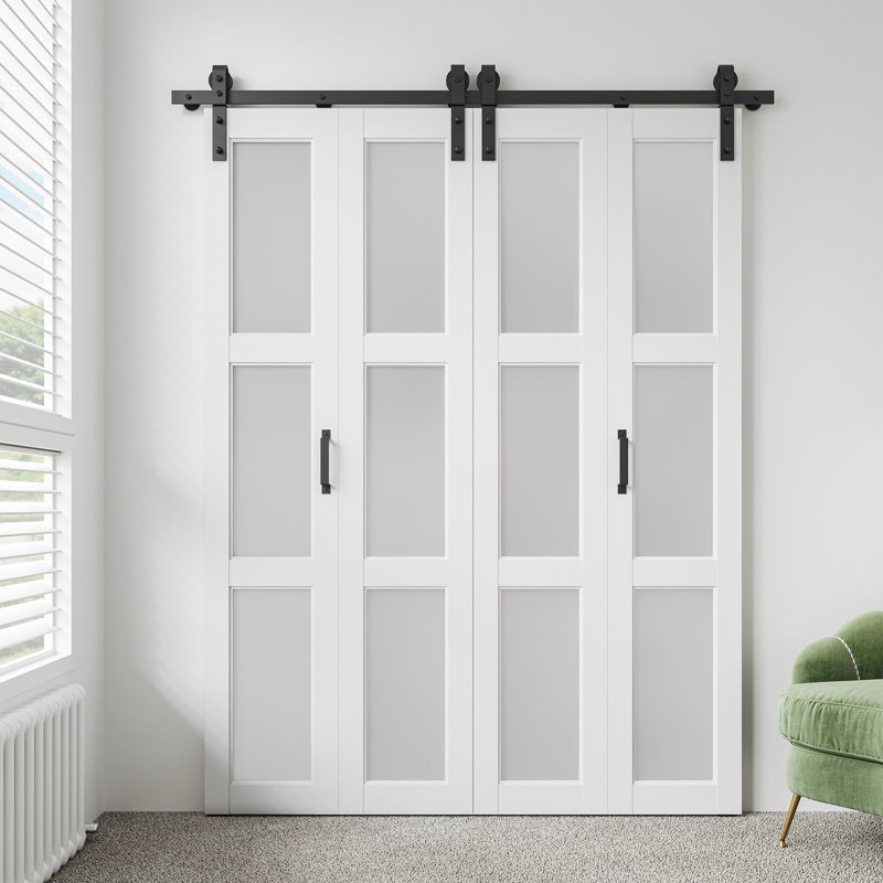 3-lite 84" frosted glass bi-fold barn doors double doors with installation hardware kit (top mounted hanger)