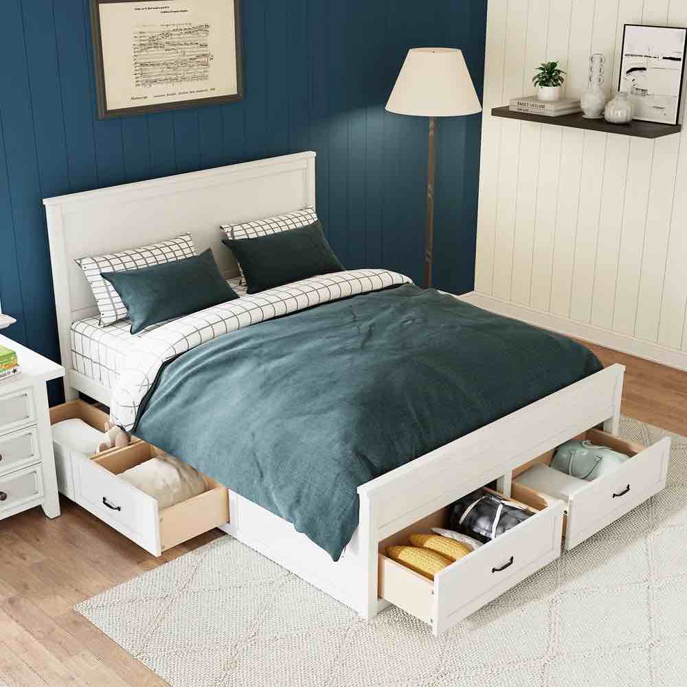 Modern Wood Storage Bed Frame with 6 Drawers, Platform Design, Wooden Slats Support, No Box Spring Needed