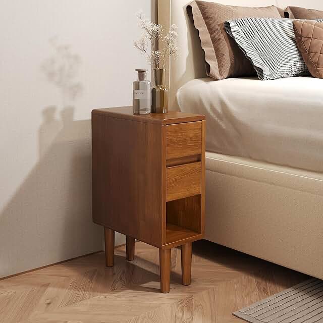 Narrow Solid Wood Nightstand with 2 Drawers
