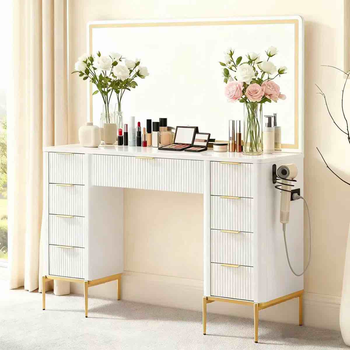 48" Modern Makeup Vanity Desk With Mirror And Lights, Makeup Vanity With 9 Drawers With Power Outlet,adjustable Lighting Dressing Table For Bedroom