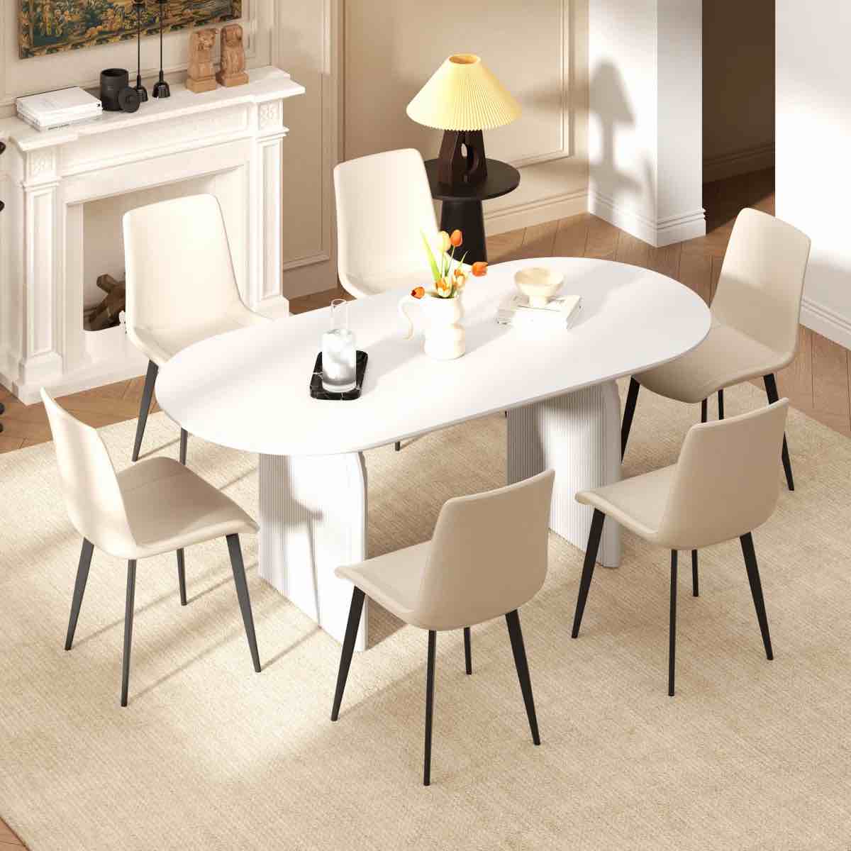 70in Oval Dining Table Sets  With PU Leather Chairs