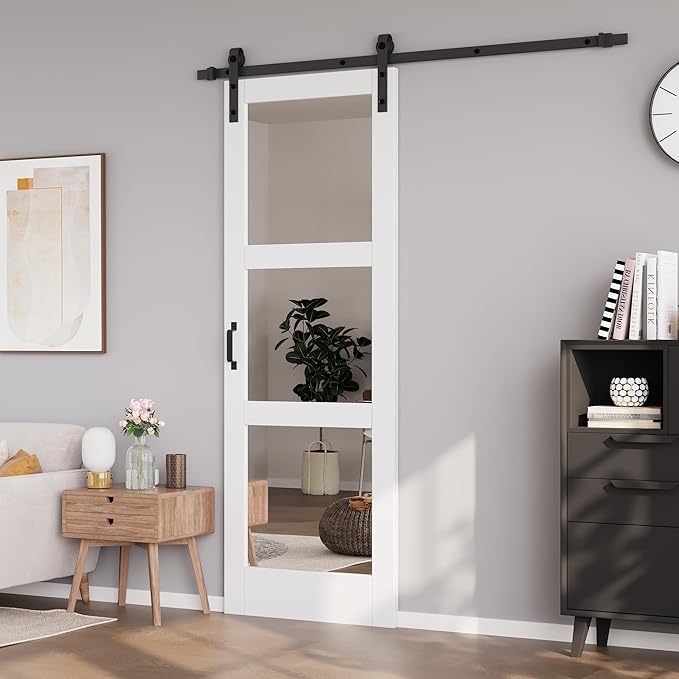 solid + manufactured wood two sided glass mirrored barn door with hardware kit