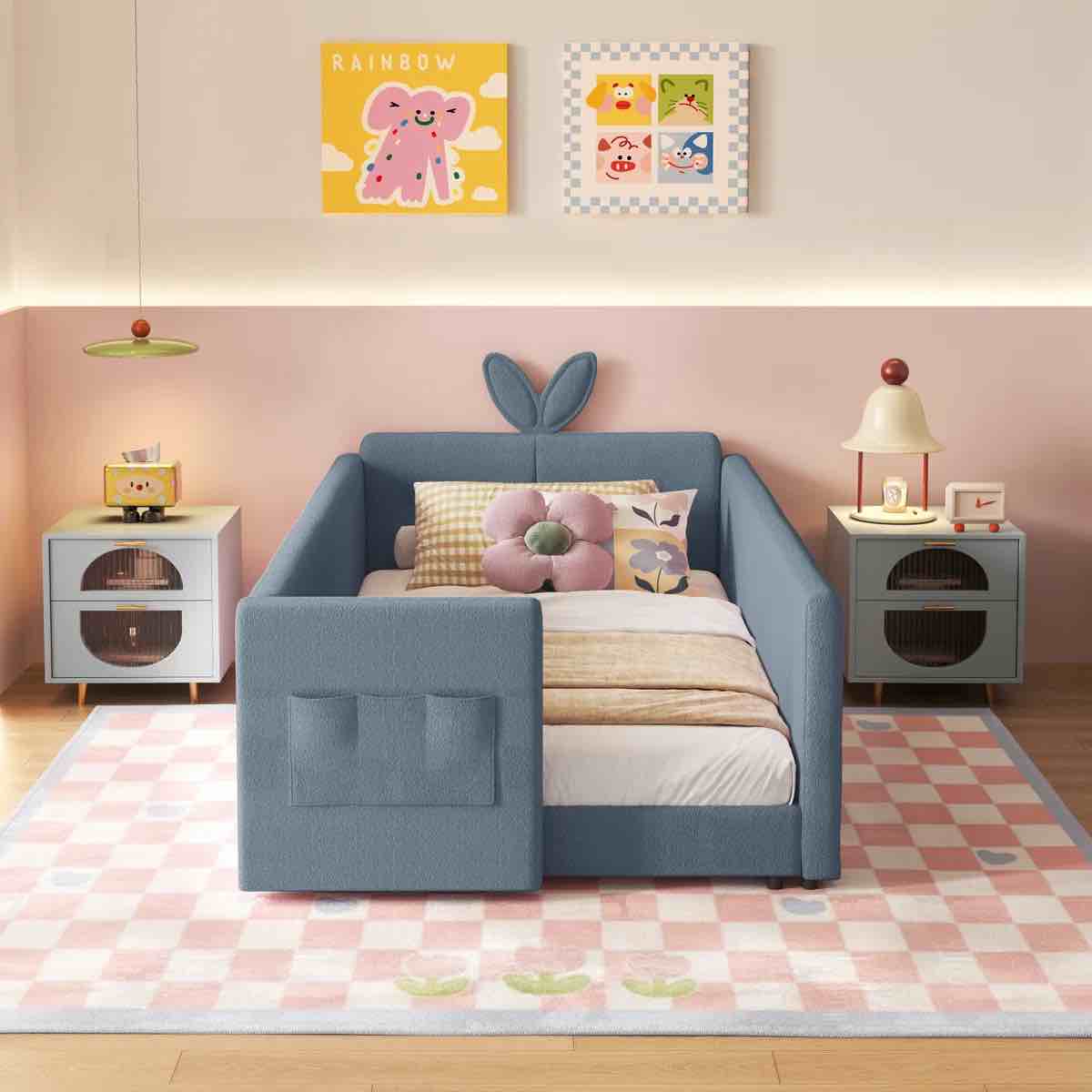 upholstered platform bed with cute rabbit ear shaped headboard, safety rail, and convenient storage pocket, boucle fabric – perfect for kids\u0027 bedroom