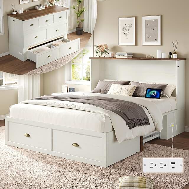 incomplete 1 of 2 amerlife queen size murphy bed-box2-white+ barnwood