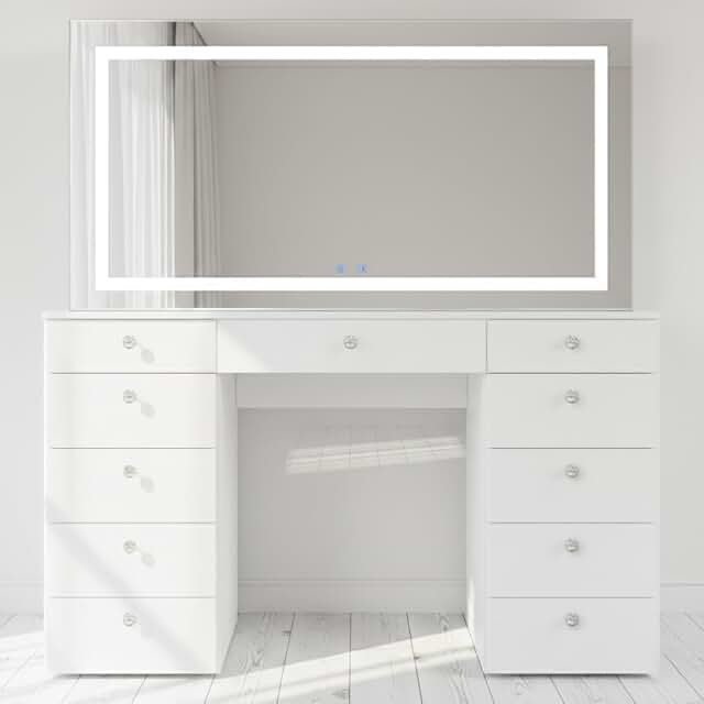 Boahaus Alexandra Extra-Large Smart Makeup Vanity With LED Mirror, Bluetooth Speakers \u0026 Charging Station