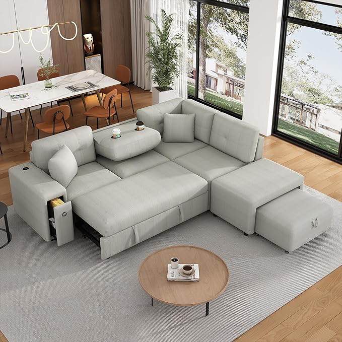 ottoman only 86.6" sectional sofa l-shaped sofa couch pull-out sofa bed with a movable ottoman, two usb ports and two cup holders for living room