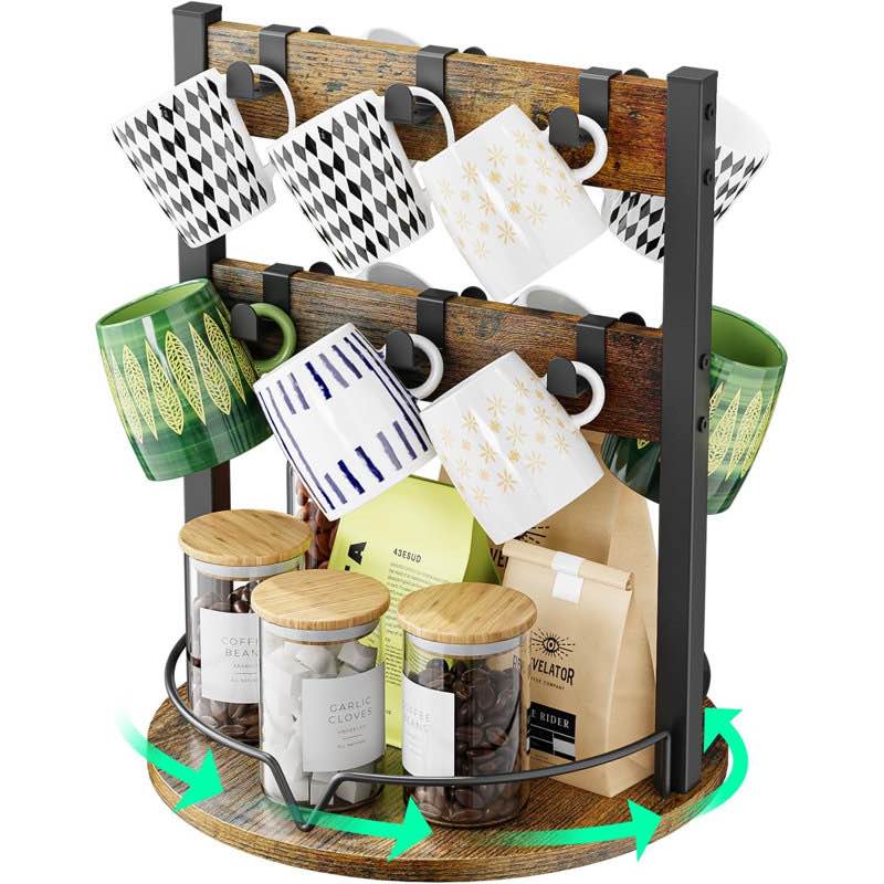 Wooden Coffee Cup Holder, 12-Hook Mug Tree Stand, With Storage Base, Mug Display And Storage Rack, Mug Holder Suitable For Home Kitchen, Supports 360° Rotation, Convenient For Access