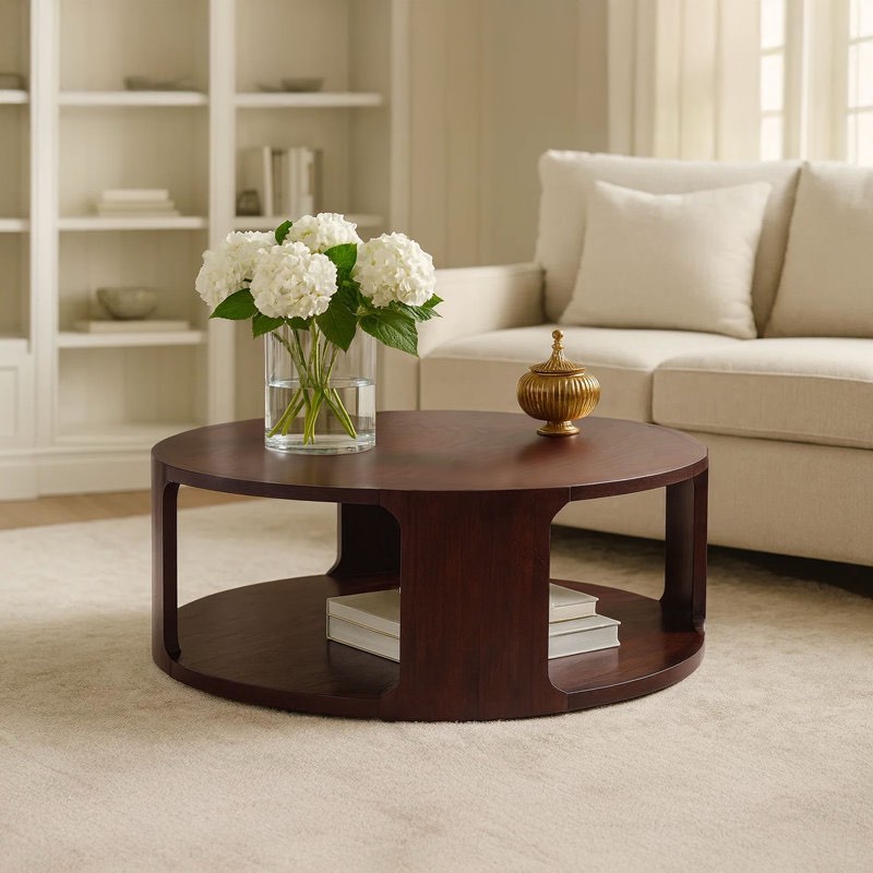 Bard Coffee Table, 38 Inch Round Top With Shelf, Walnut Brown Mango Wood Sculptural Frame