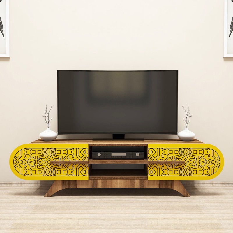Modern TV Stand with Geometric Design, Walnut, 57.1 x 14.6 x 14.6 inches | 100% Melamine Coated Particle Board, Thickness: 0.7 inches | Stylish & Functional Storage Solution for Living Room & Entertainment Spaces, Easy Assembly