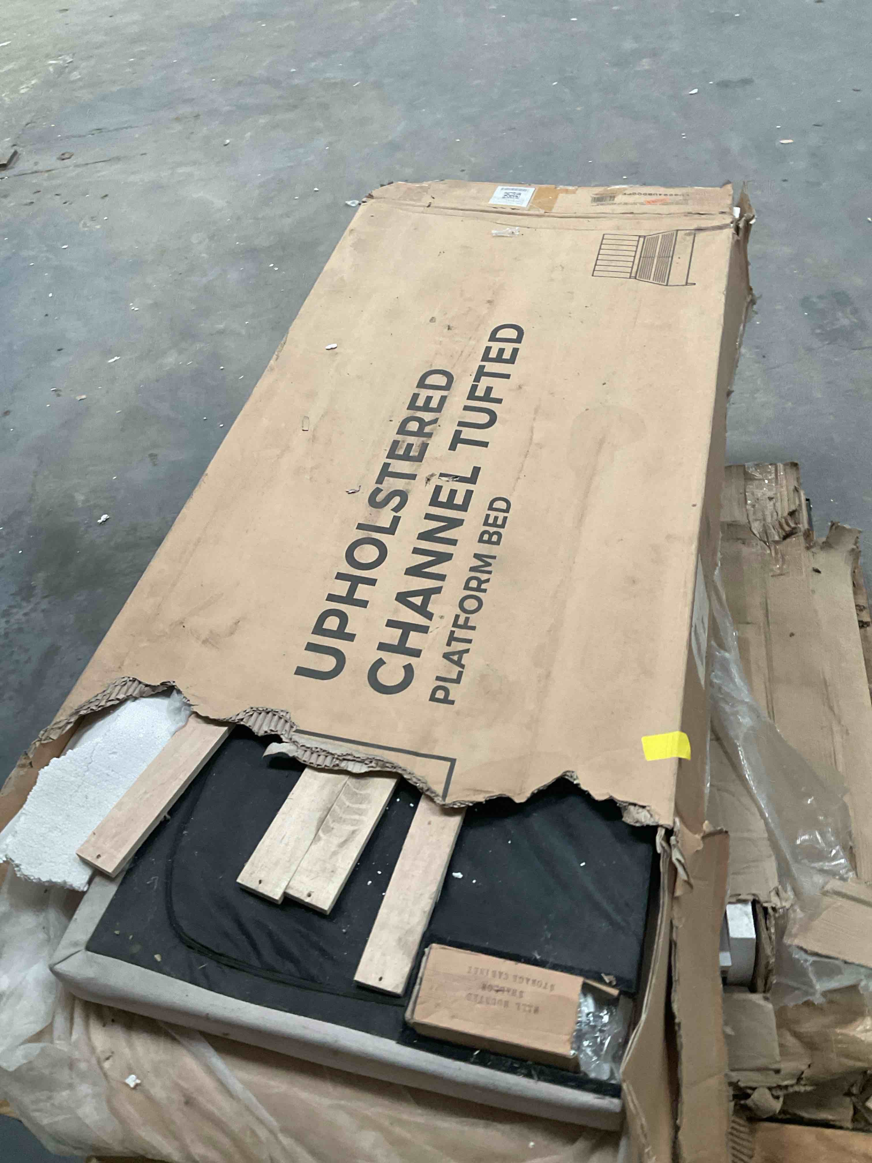 Condition photo showing Good Condition for incomplete upholstered channel tufted platform bed