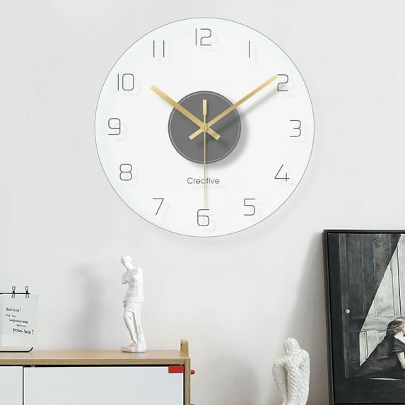 12" round tempered glass wall clock with silent quartz movement