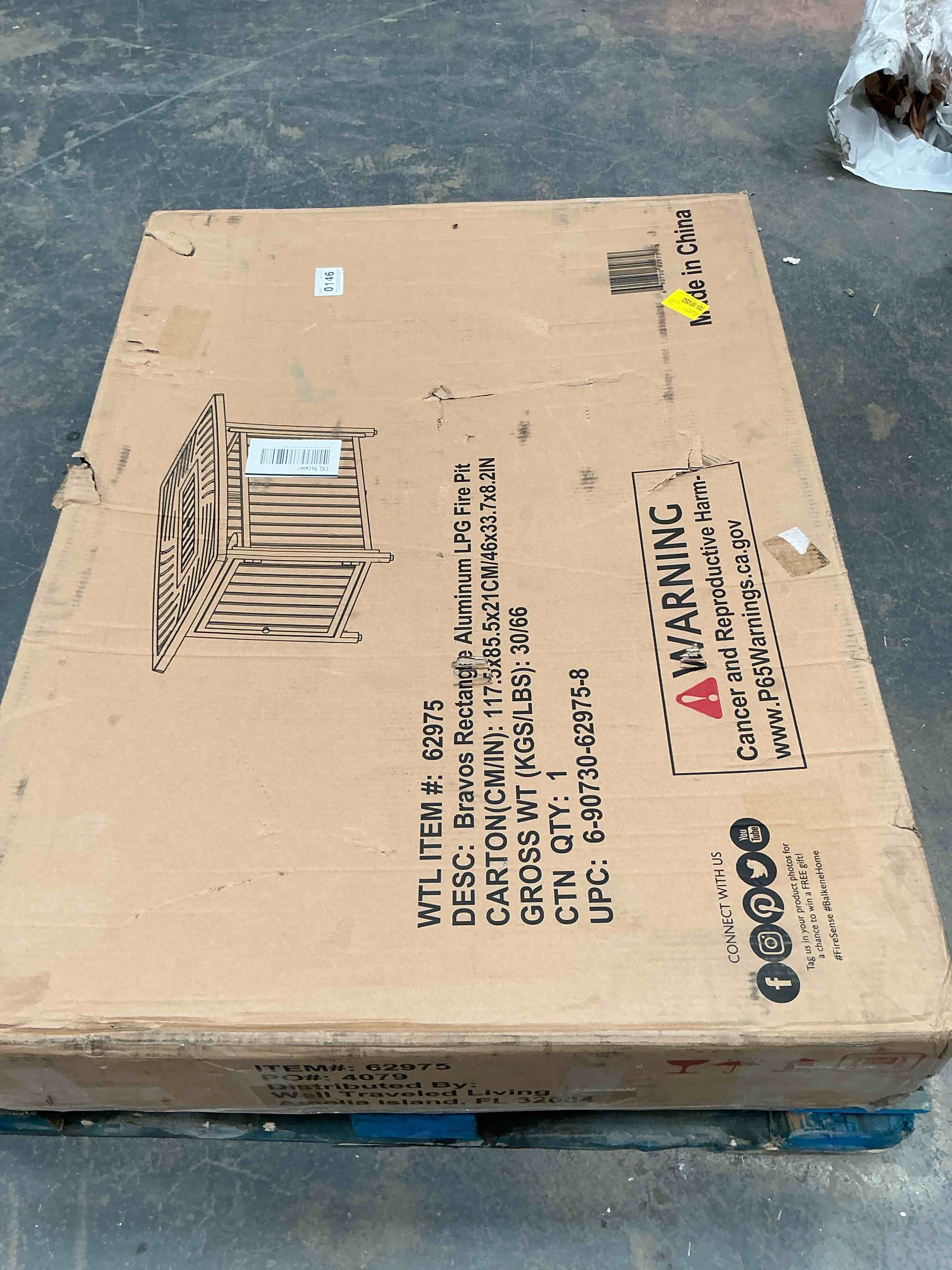 Condition photo showing As Is for bravos rectangular aluminum lpg fire pit