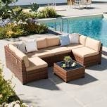 7 pieces wicker sectional seating group with cushions