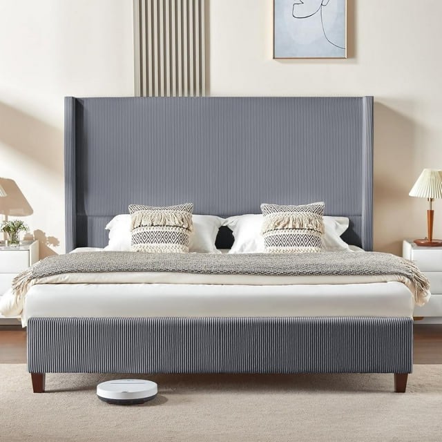king size platform bed frame with 62" headboard corduroy upholstered bed/wingback/no box spring needed/noise free/grey