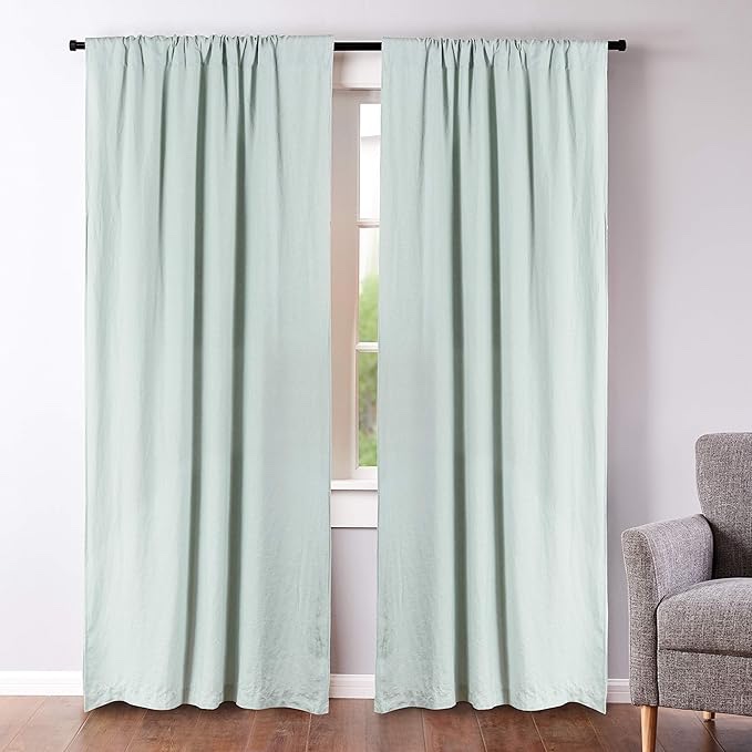 Levtex Home - 100% French Flax Linen - 84" Curtain (Set of 2) - French Flax Washed Linen - Spa - Drape Size (50 x 84in.)