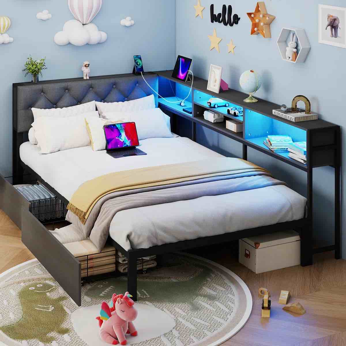 corner bed frame with 2 drawers and storage bookcase, daybed with charging station and led lights