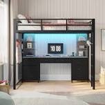 loft bed with desk and charging station, metal loft bed with 8 drawers storage and led lights, 4 open storage shelves,