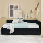 Full Size Upholstered Tufted Daybed with Trundle, Sofa Bed Frame with Comfortable Backrest & Armrests, Black Velvet