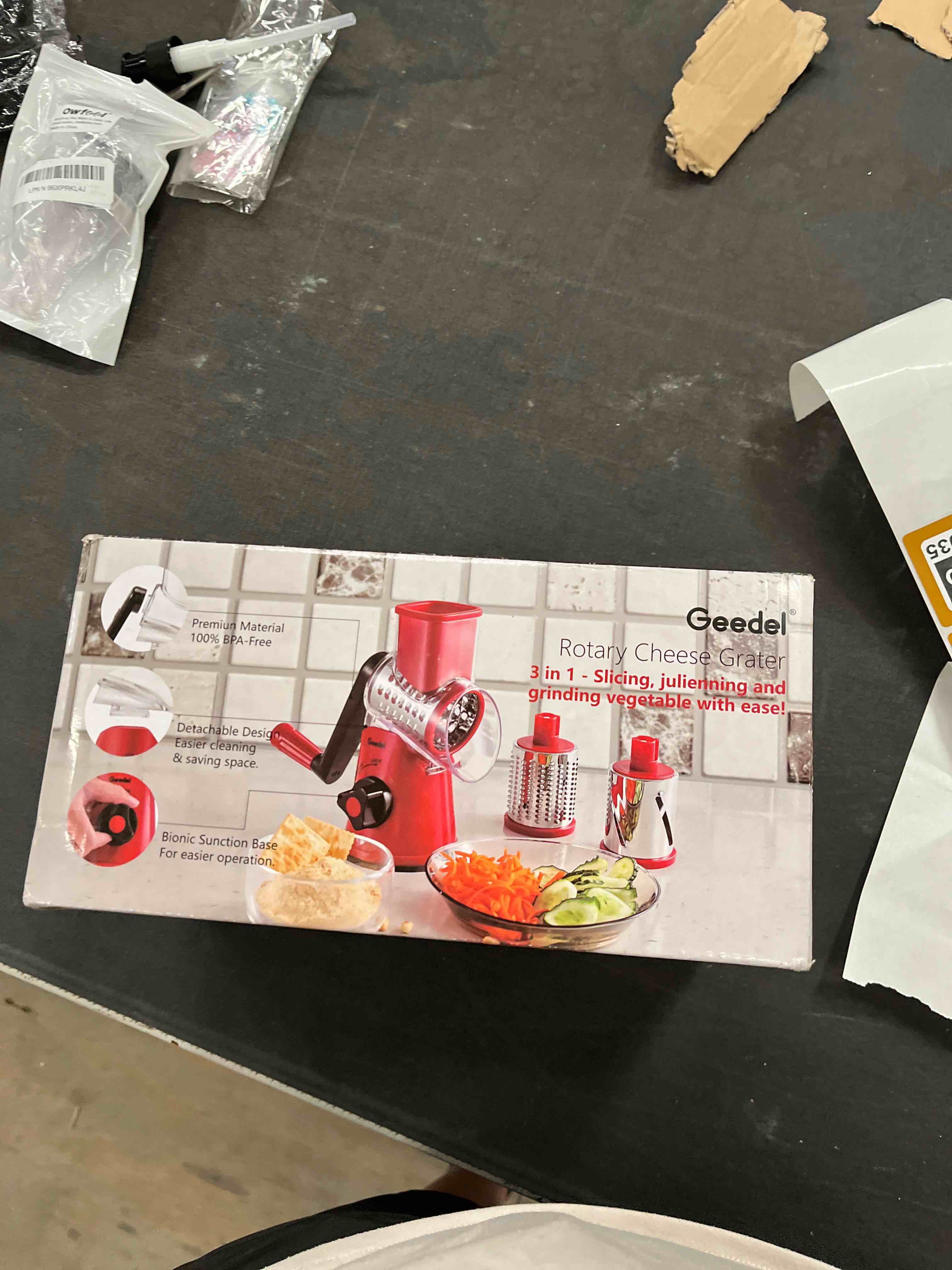 Condition photo showing Good Condition for geedel rotary cheese grater, kitchen mandoline vegetable slicer with 3 interchangeable blades, easy to clean rotary grater slicer for fruit, vegetables, nuts white 3 blades