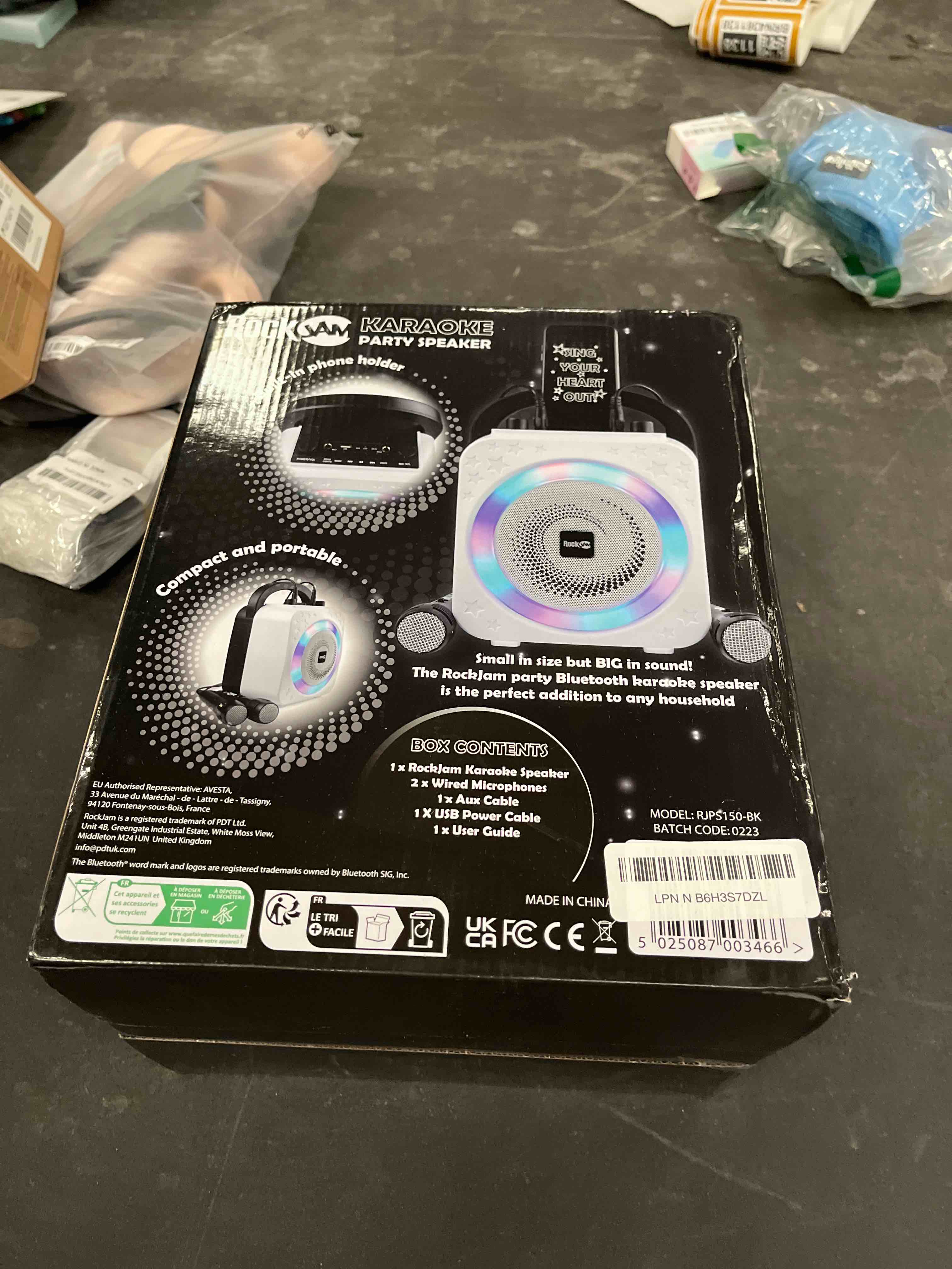 Condition photo showing Good Condition for rockjam 10-watt rechargeable bluetooth karaoke machine with two mics, lightshow & voice effects singcube black