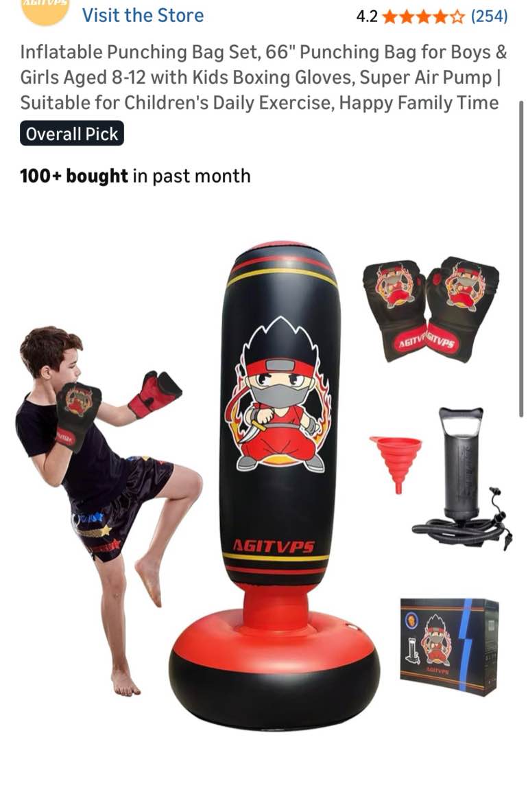 Inflatable Punching Bag Set, 66" Punching Bag for Boys & Girls Aged 8-12 with Kids Boxing Gloves, Su