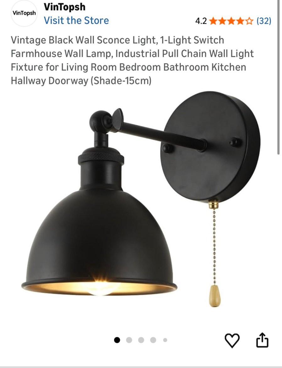 VinTopsh Vintage Black Wall Sconce Light, 1-Light Switch Farmhouse Wall Lamp, Industrial Pull Chain 