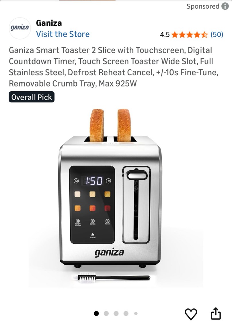 ganiza smart toaster 2 slice with touchscreen, digital countdown timer, touch screen toaster wide sl