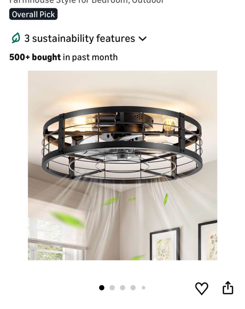 lediary 20" caged ceiling fan with light and remote, low profile flush mount fandelier, black bladel