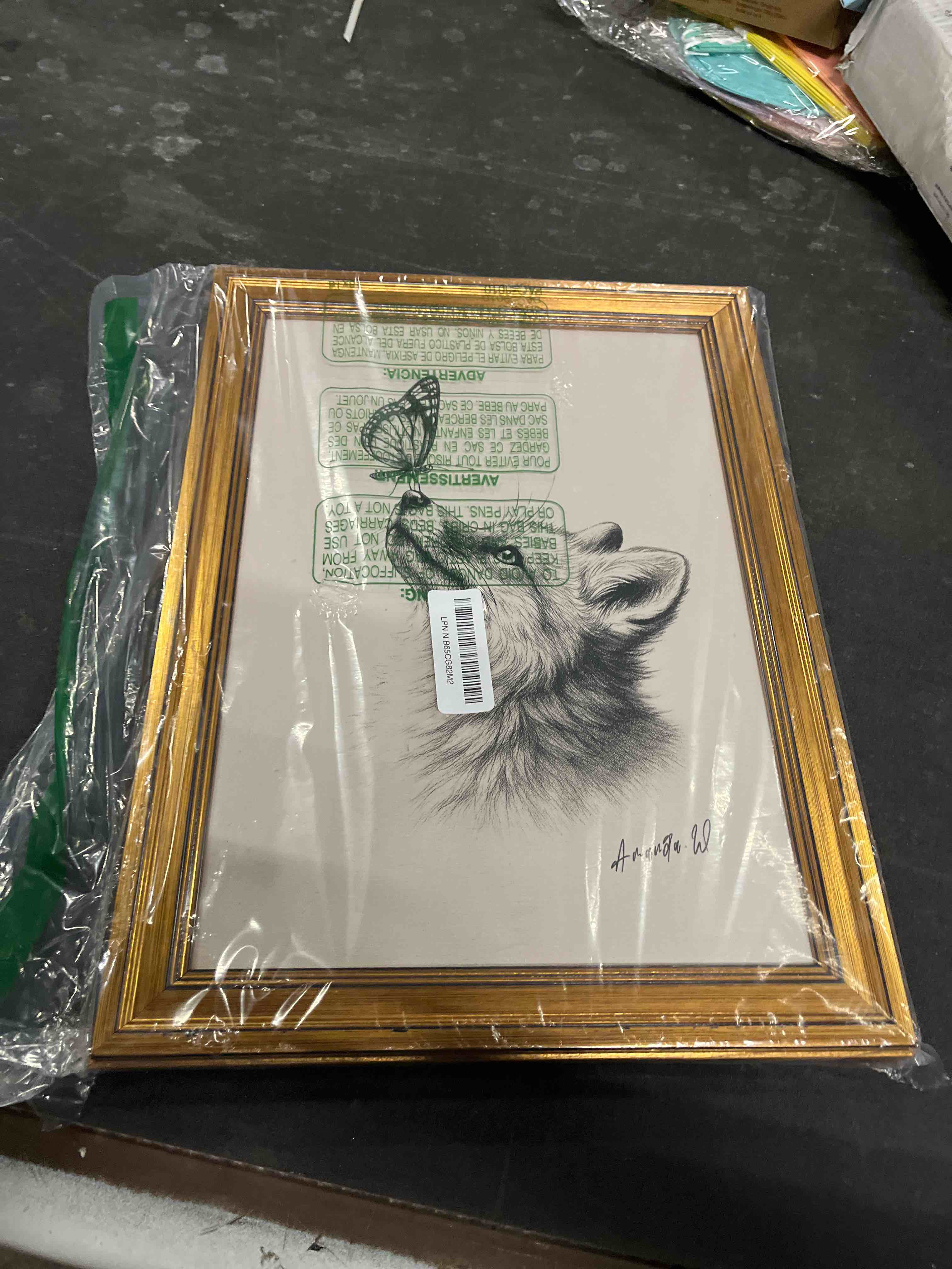 Condition photo showing Good Condition for vintage fox and butterfly gold framed wall art 12x16, classic animal illustration sketch beige canva