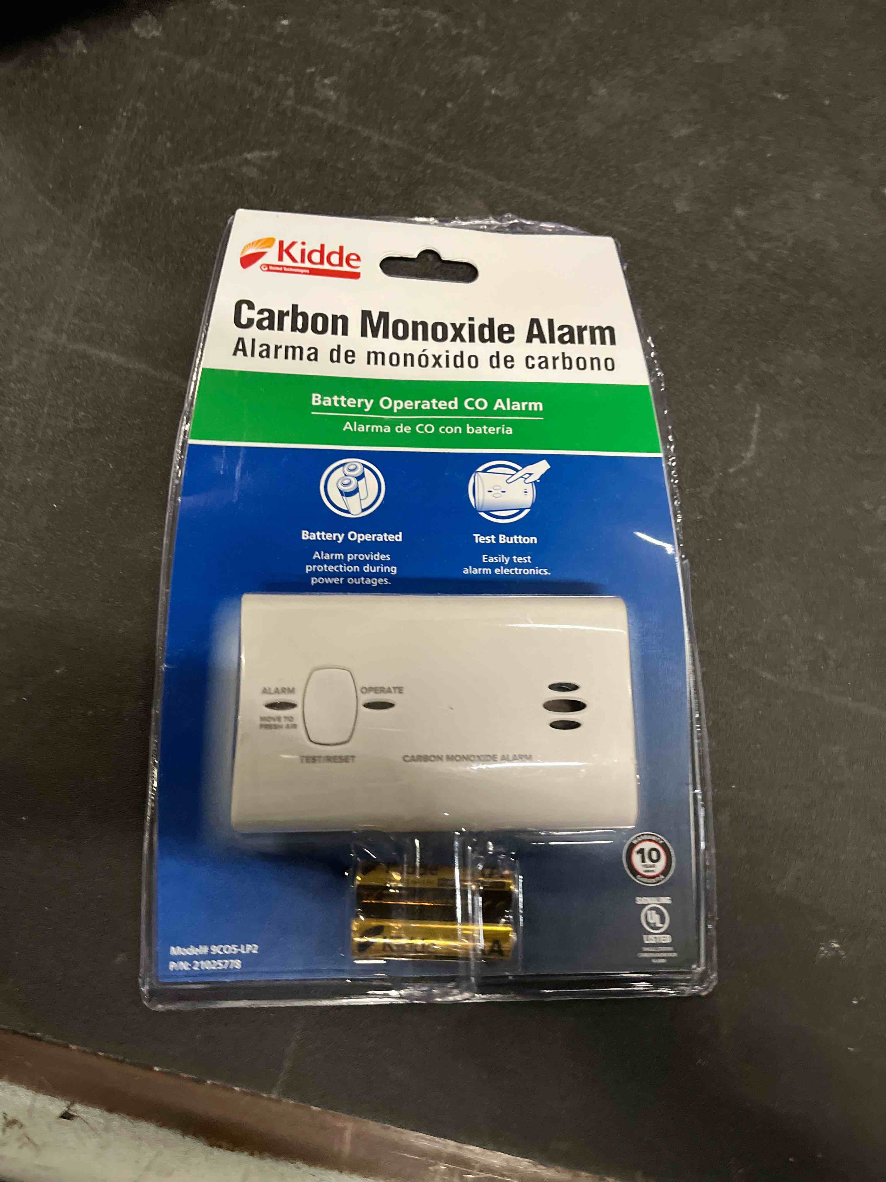 Condition photo showing Good Condition for kidde carbon monoxide detector, battery powered co alarm with leds, test-reset button, low battery i