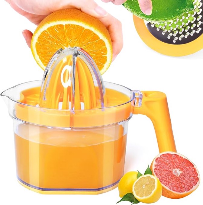 lemon squeezer 4-in-1 lemon hand juicer - chefville manual orange juicer multifunctional lemons lime squeezer, citrus juicers press fruit with detachable comfortable handle, 16.9oz capacity (orange)