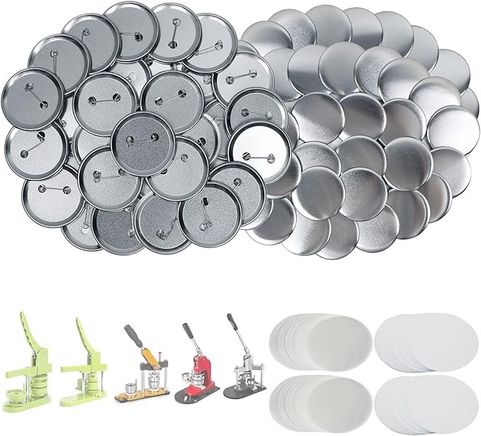 Condition photo showing Good Condition for 200 set 2.25 inch button maker kit, 58mm supplies, includes metal pin back cover, shells, blank paper & film