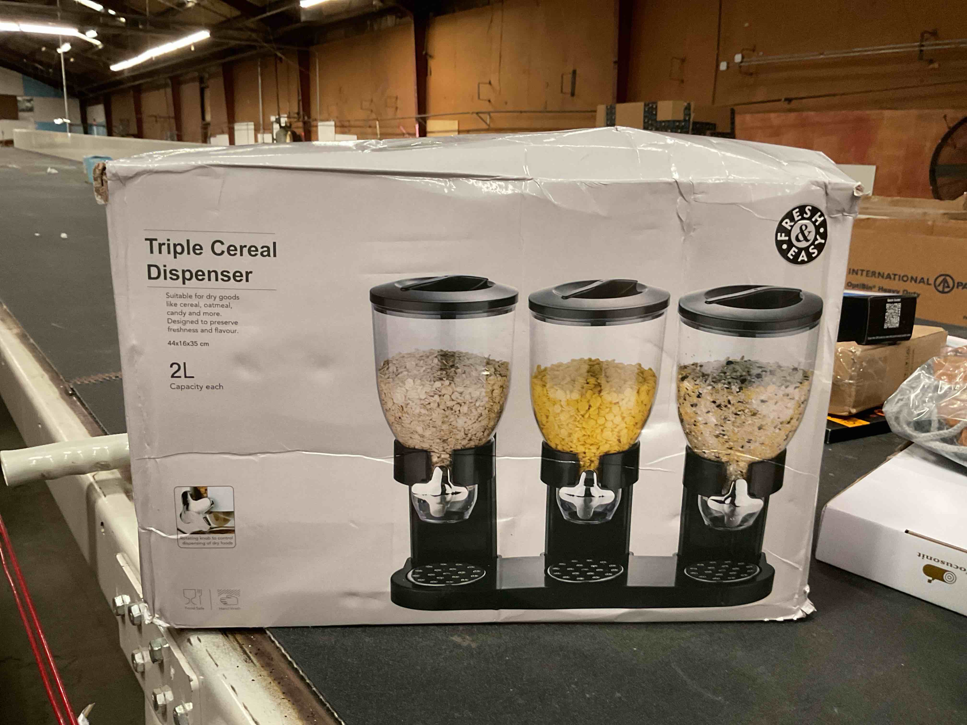 Condition photo showing Good Condition for triple food dispenser - easy to use dry food dispenser perfect as a candy, nuts, rice, granola, cereal dispenser & more - dispensing 1 ounce per twist and preserving freshness for fun, easy serving.
