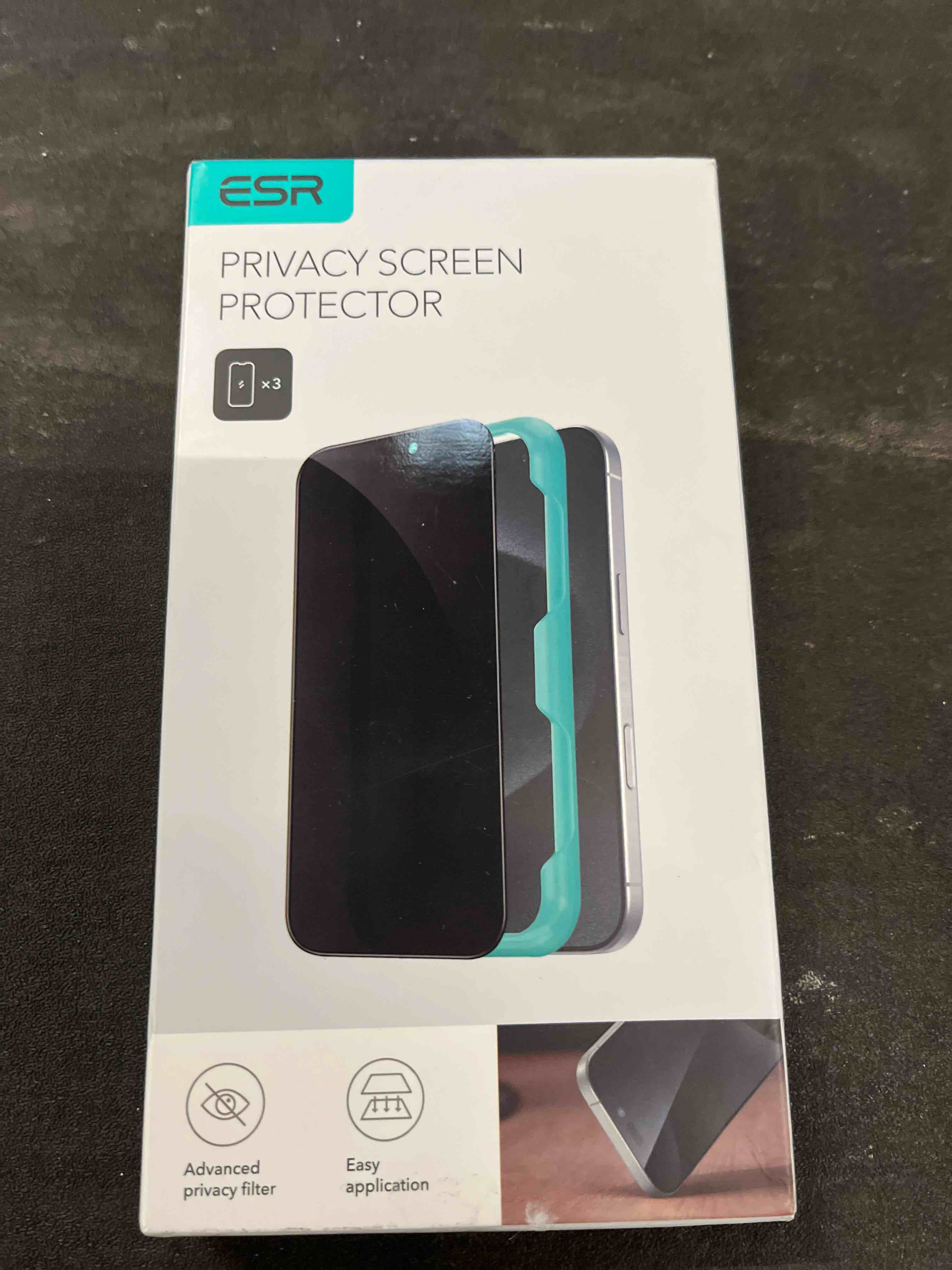 Condition photo showing Good Condition for esr 3 pack for iphone 16 pro max privacy screen protector, anti-spy tempered-glass privacy screen protector with easy installation tool, micro-curved edges, case friendly iphone 16 pro max privacy 3 pack