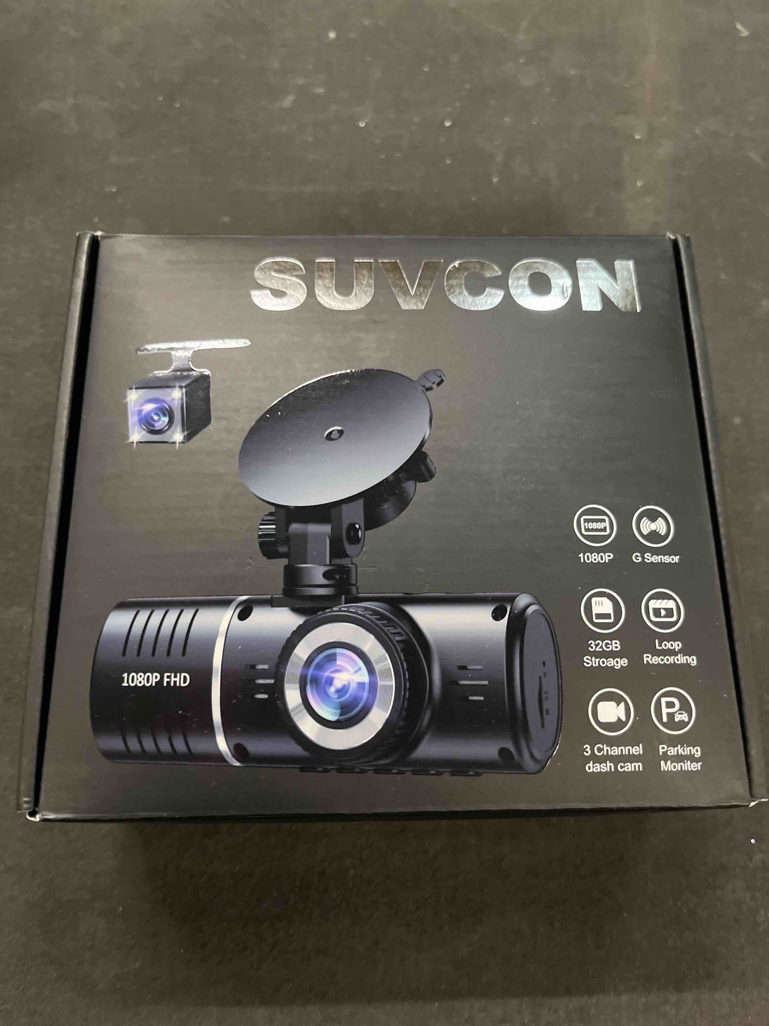 Condition photo showing Good Condition for dash cam front and rear, 1080p dash camera for cars, 3 channel car camera front rear and inside with 32gb card, loop recording, night vision, hdr, 24hr parking, g-sensor