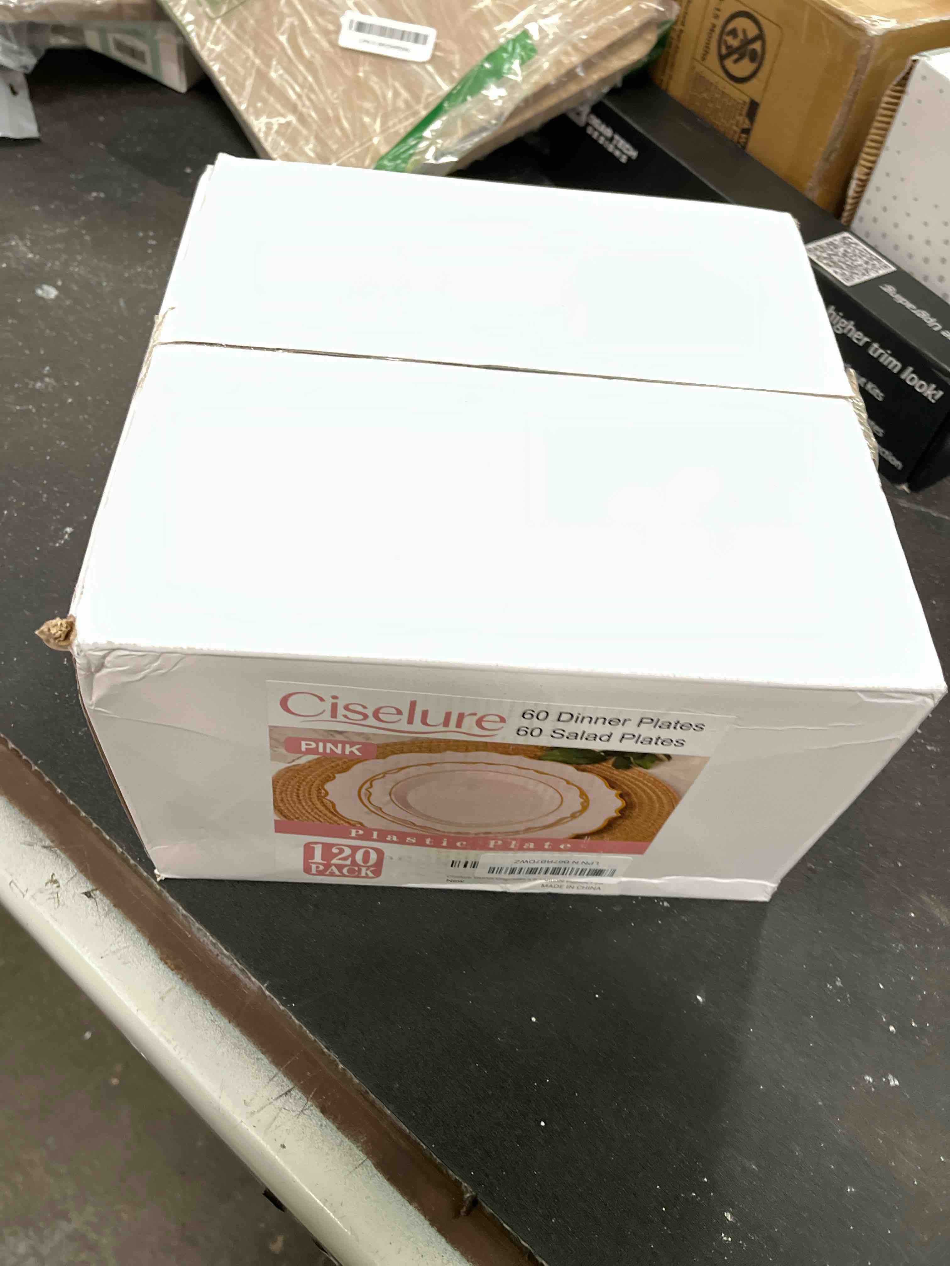 Condition photo showing Good Condition for 120pcs pink plastic plates, disposable elegant party plate with gold rim, heavy duty 60 dinner and 60 dessert fancy plates for party and wedding