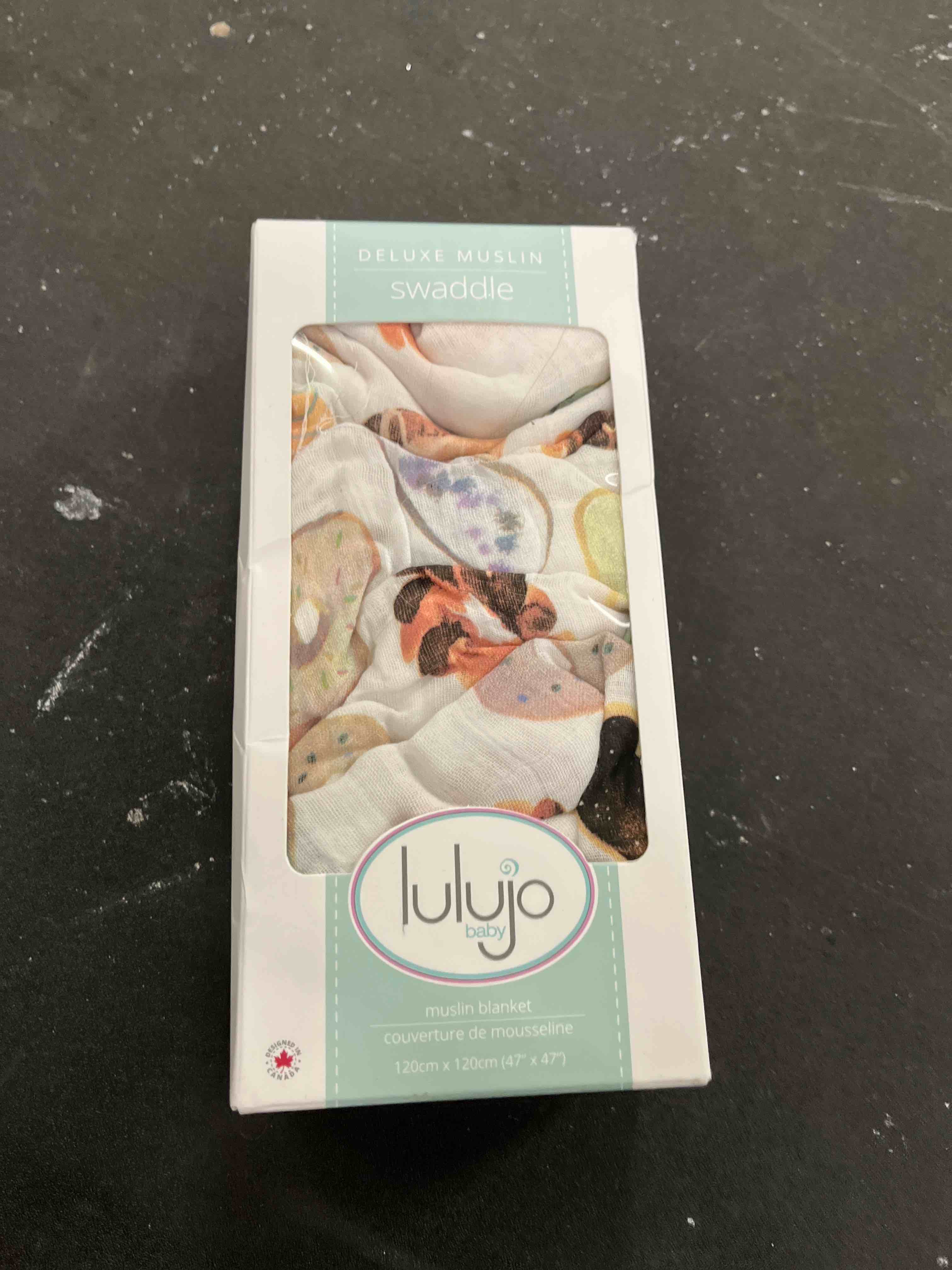 Condition photo showing Good Condition for lulujo baby swaddle blanket| unisex softest bamboo viscose muslin swaddle blanket| neutral receiving blanket for girls & boys 47in x 47in donuts donuts 47x47 inch (pack of 1)