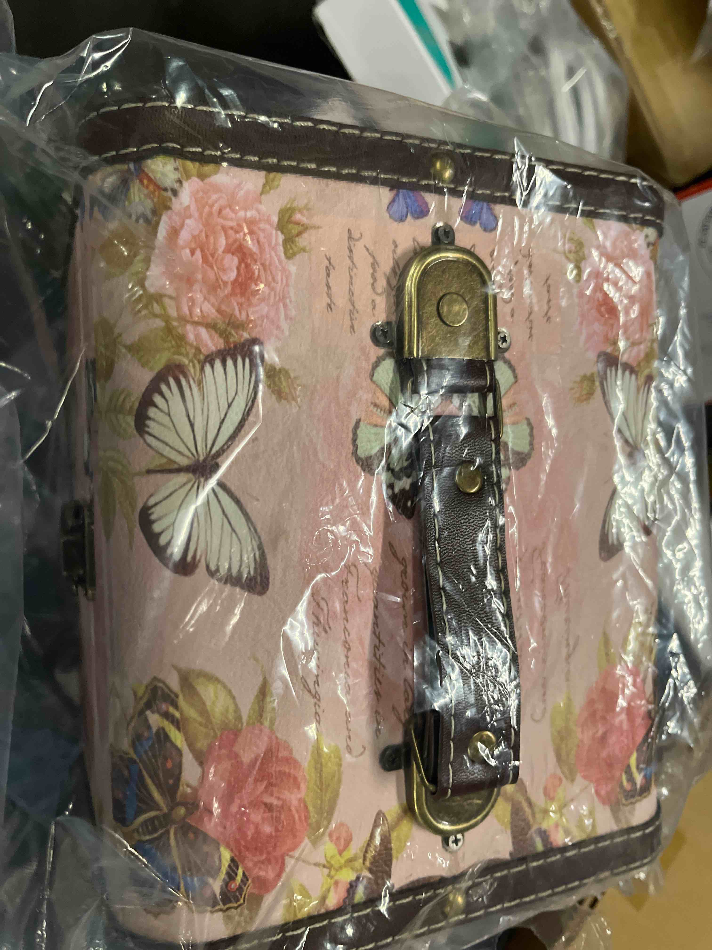 Condition photo showing Good Condition for elldoo decorative treasure chest box, wooden + pu leather storage box for jewelry trinkets, keepsake