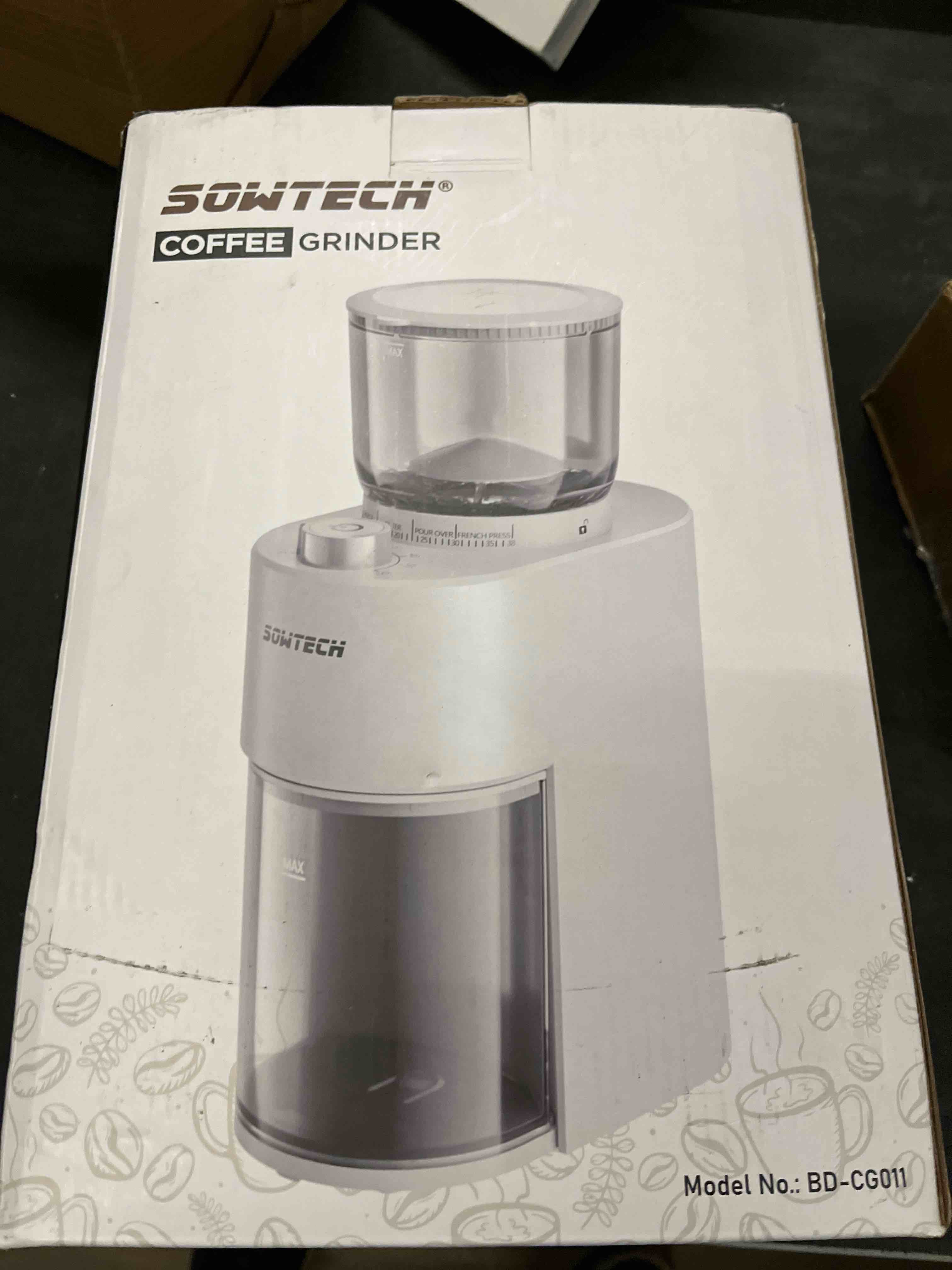 Condition photo showing Good Condition for sowtech conical burr coffee grinder, adjustable electric mill, 38 precise grind settings, precision timer, for espresso, drip and french press, home &office, beige