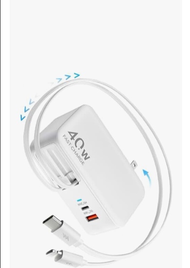 Retractable USB C Charger Wall Plug with 35.5in/90cm Type C Cables Cords,40W Fast Charging Foldable 