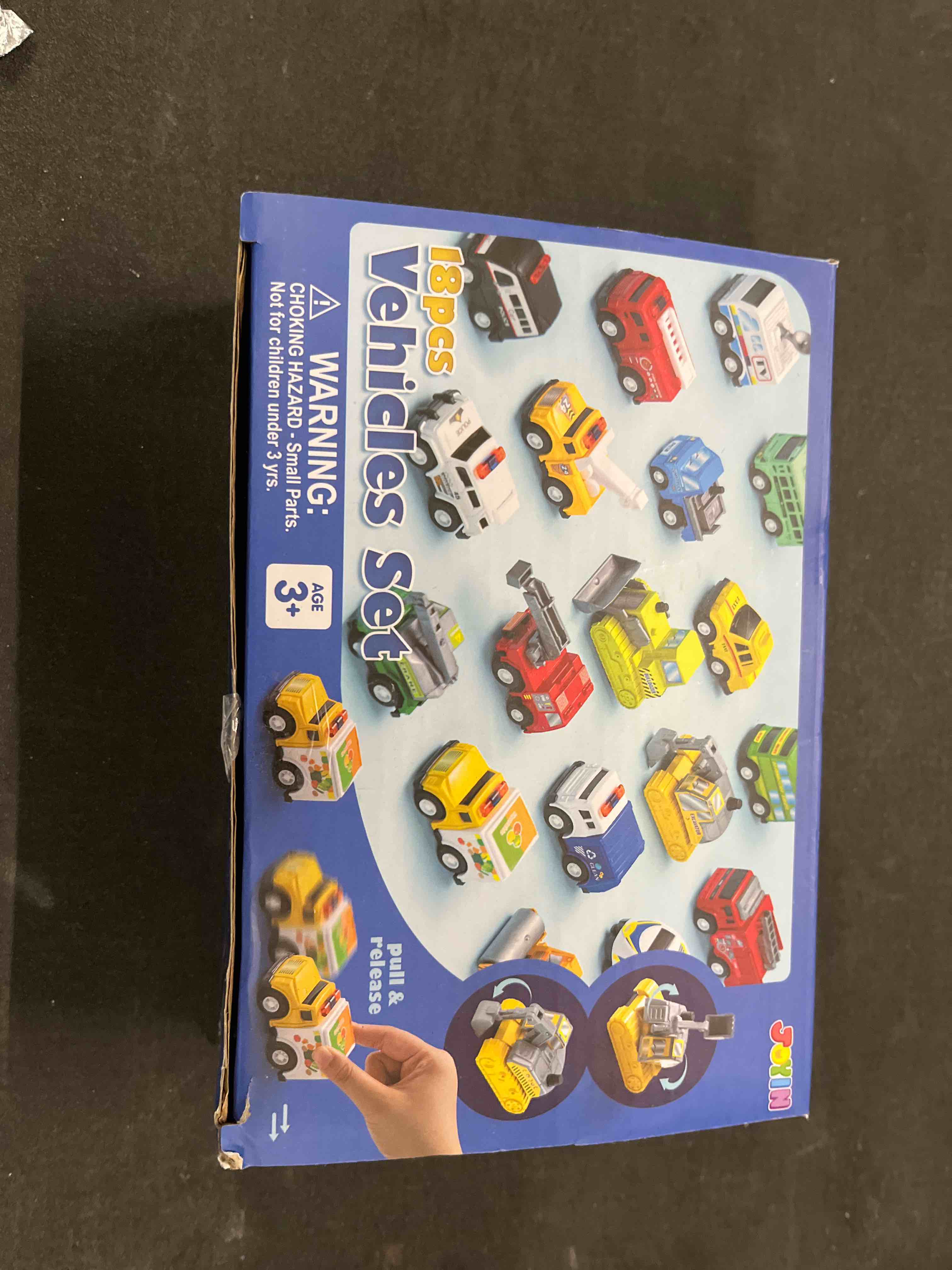 Condition photo showing Good Condition for joyin 18 pcs pull back city cars and trucks toy vehicles set, friction powered cars toys for toddlers, kids stocking stuffers, treasure box gifts for classroom, gifts for grandkids, easter basket