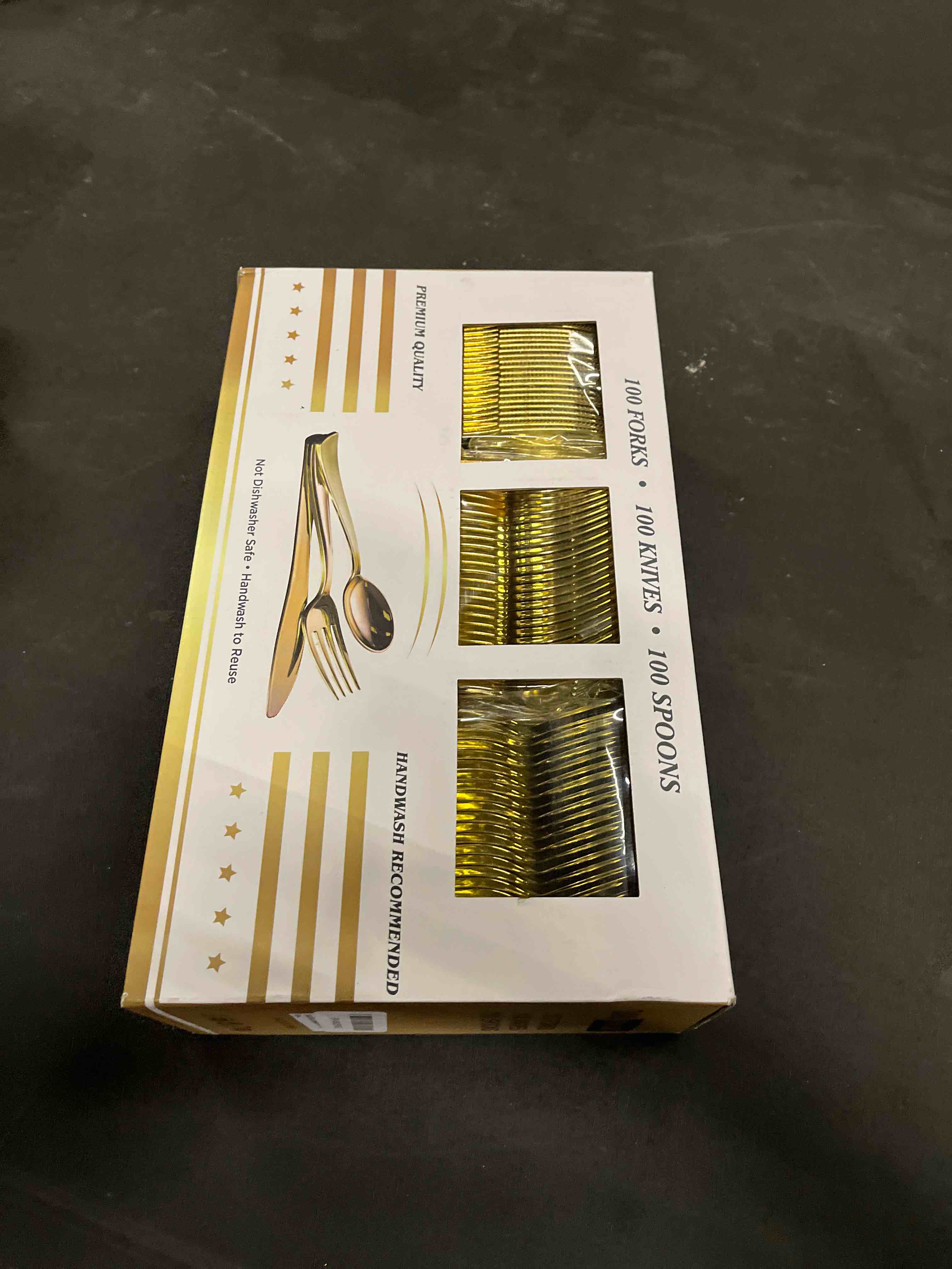 Condition photo showing Good Condition for n9r 300pcs gold plastic silverware, heavy duty gold plastic cutlery set disposable flatware dinnerware, 100 forks, 100 spoons, 100 knives, perfect for party, wedding and daily use gold-300pack