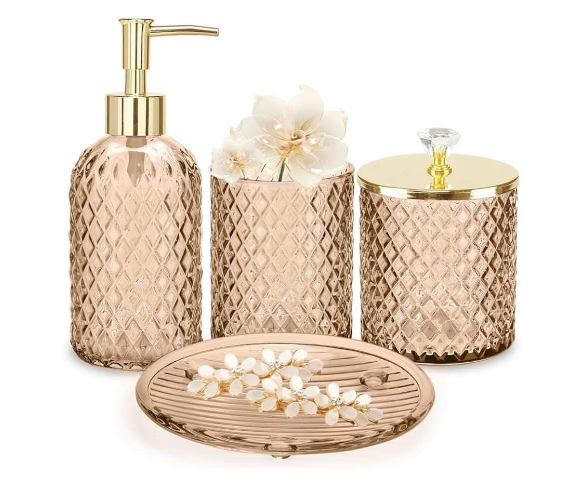 haturi amber brown bathroom accessories set, 4pcs glass bathroom accessory set complete w/soap dispe