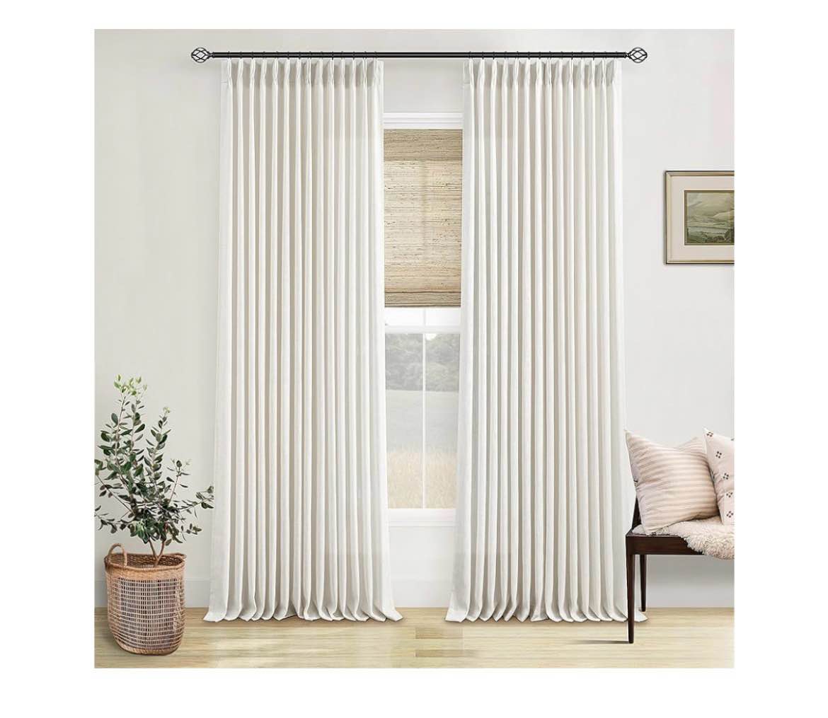 Ivory Beige White Floor Length Linen Curtains 108 Inches Long for Bedroom, Neutral Pleated Blackout 