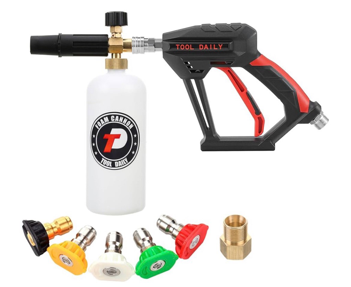 tool daily short pressure washer gun with foam cannon, 1/4 inch quick connector, with 5 pressure was